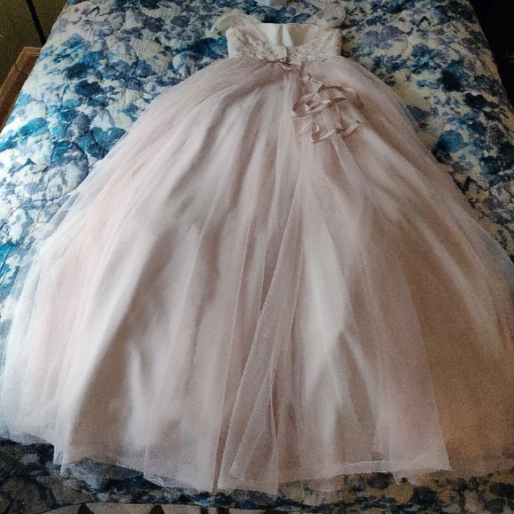 NWOT: Blush / Cashmere Pearl Beaded Lace & Tulle Ballgown with Ribbon Belt - Picture 7 of 12